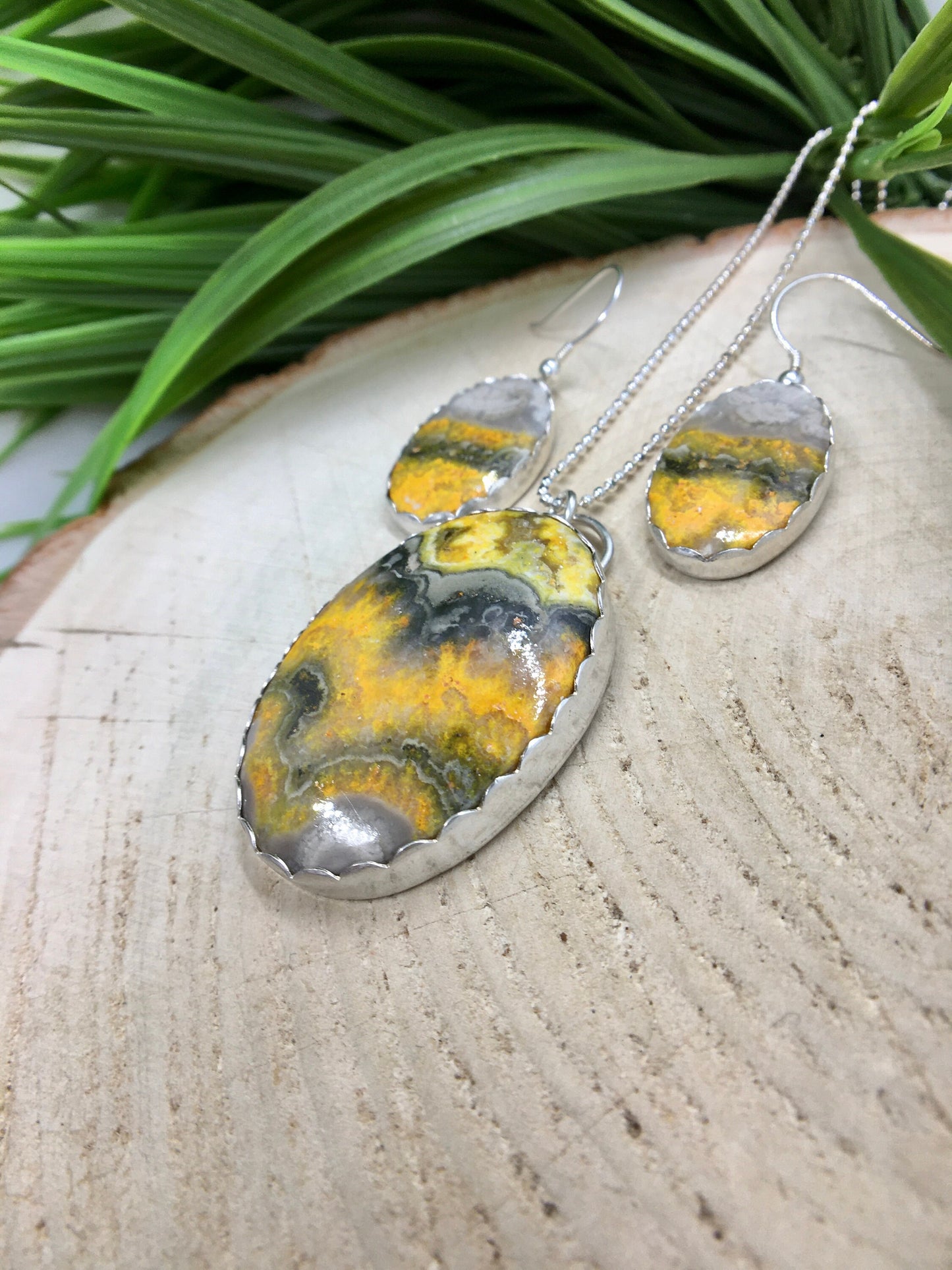 Hypoallergenic sterling silver bumblebee jasper necklace and earring set, handcrafted with love.