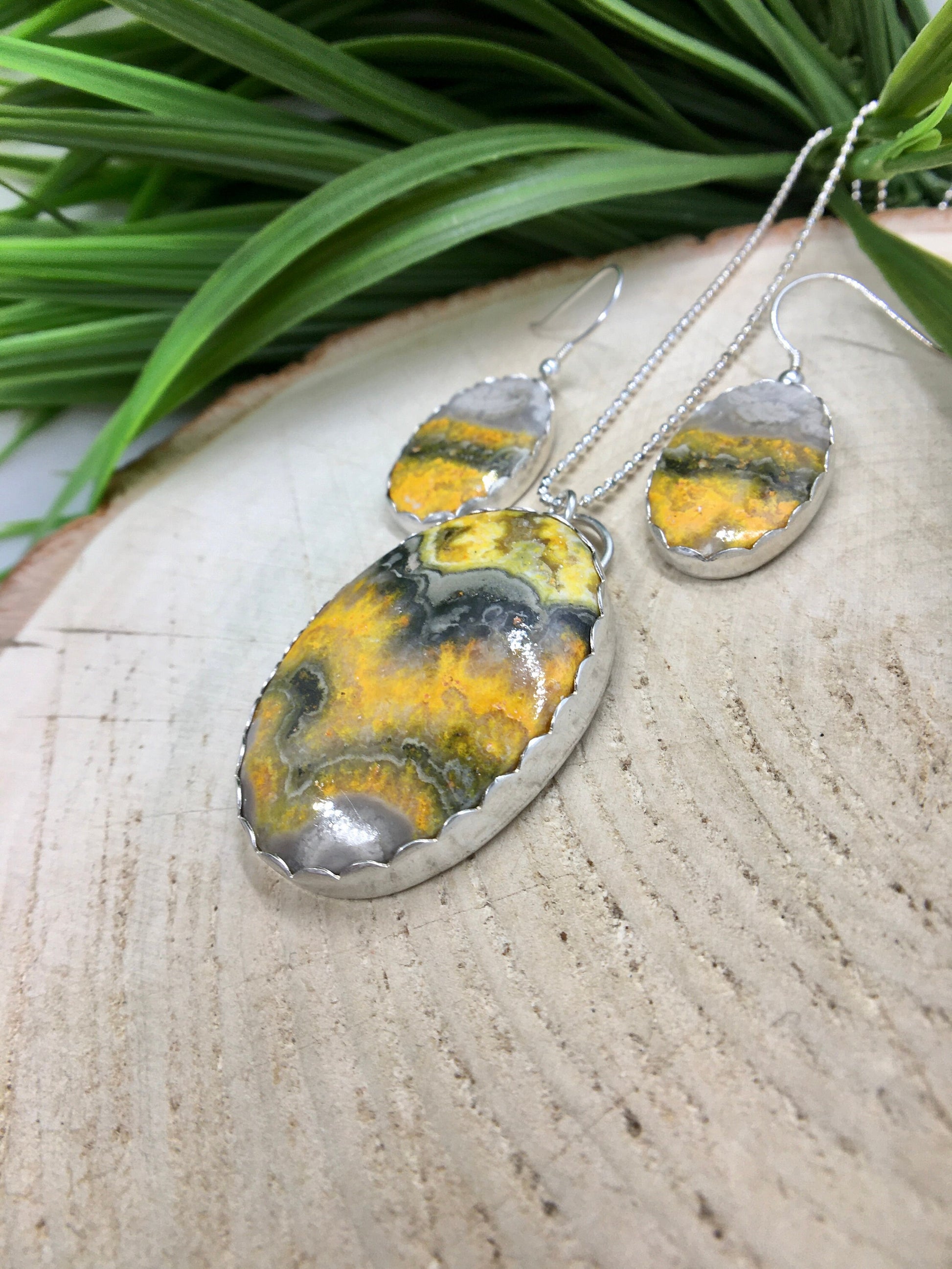 Hypoallergenic sterling silver bumblebee jasper necklace and earring set, handcrafted with love.
